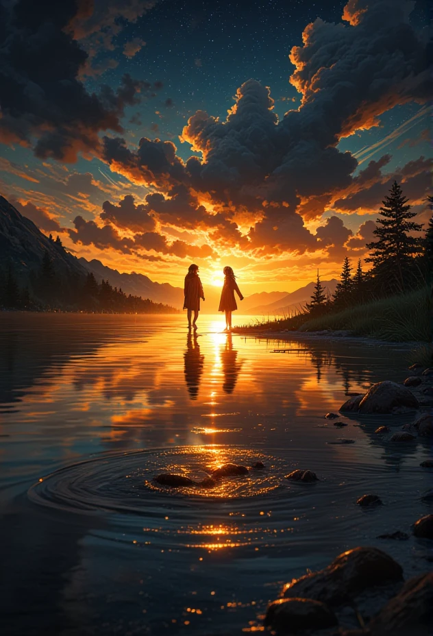 golden hour scene of two friends sharing a quiet moment. The scene showcases a sky filled with shimmering stars and constellations, with a winding river in the background.   The lighting casts cool, mysterious shadows, enhancing the surreal beauty of the landscape. The figure is dressed in bohemian attire, adding a mysterious allure. Small details, like waves gently lapping at the shore, bring an extra layer of magic and realism to the scene.}bv-stuanilan