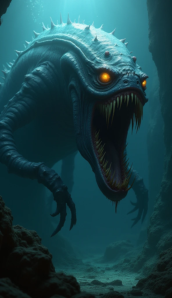 Create a realistic depiction of a monstrous creature that has lived for over 1000 years at the bottom of the sea. This creature should be ancient, terrifying, and unsettling, with features that evoke a sense of primal fear and horror.

The monster's body is massive and grotesque, covered in a combination of slimy, wet-looking skin and patches of rough, scaly armor. Its form is twisted and unnatural, with a mix of features from various horrifying sea creatures. Its proportions are bizarre and disturbing, designed to evoke a deep sense of unease.

The creature's head is particularly horrifying, featuring multiple asymmetrically placed eyes that glow ominously in the dark. These eyes have a sickly, unnatural glow, adding to the creature's eerie look. Its mouth is filled with sharp, jagged teeth, partially open to reveal thick, viscous saliva that drips menacingly. Additional elements like spines, horns, or bioluminescent patches should emphasize its alien and terrifying nature.

One of the creature's most distinctive features is its numerous long, writhing tentacles or limbs. These appendages are covered in spikes, hooks, or suckers, moving fluidly in a way that is both hypnotic and deeply unsettling. Their movements should appear unnaturally smooth, adding to the creature's otherworldly and disturbing presence. The appendages vary in length and thickness, some extending far into the shadows, suggesting the creature's immense size.

The setting is a dark, deep-sea environment. The background should include elements like jagged rocks, sunken ships, and eerie marine flora, creating a sense of confinement and isolation. The environment should be cold and oppressive, with the creature's slimy skin reflecting the minimal light available. Shadows should play a significant role, obscuring parts of the creature to enhance its menacing presence.

Lighting should be minimal, using the weak glows from the creature's eyes and bioluminescent parts to create a dramatic and terrifyin