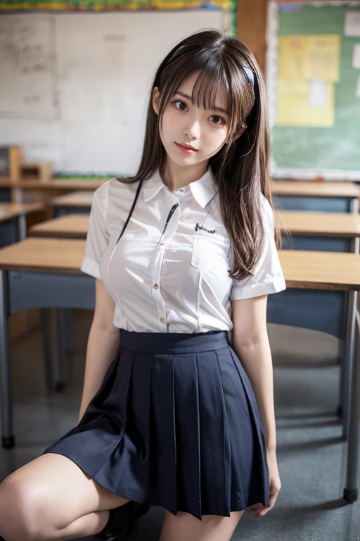  Japanese woman like an idol , long hair ,  straight hair, Round face , bust up ,  top quality, I'm wearing shorts with a top mikoto ,  Brown Eyes , Big Breasts,  viewers, Alone,  closed mouth , collared  shirt,  sluggish and emotionless , Dark Blue Skirt, School_uniform,  shirt, white_ shirt, classroom,  Masterpiece  ,  top quality, 8k,  Fine skin texture ,  fine fabric texture ,   beautiful detailed face  ,  complex details,  super detailed,cute,cute posing,Composition showing full body ,