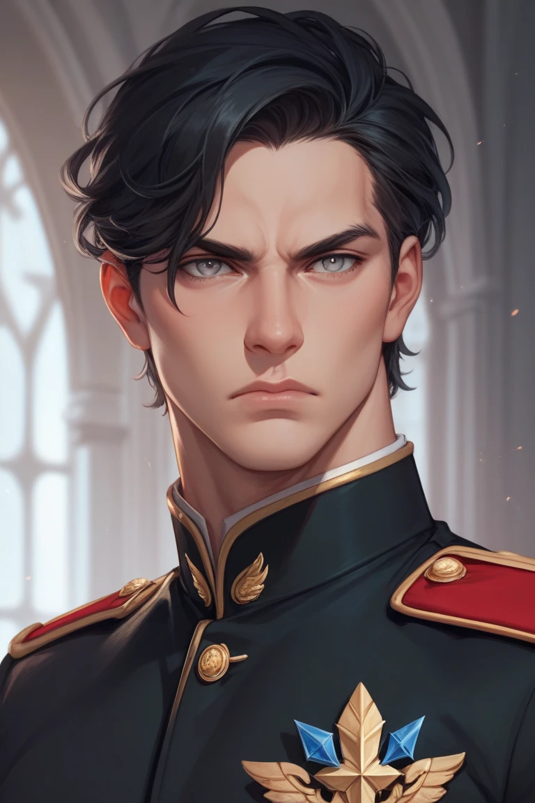 young man, short hair, brown, beard, royal uniform, navysword, angry eyes, high details, perfect anatomy, wounded, perfect eyes, war, majestic, mighty