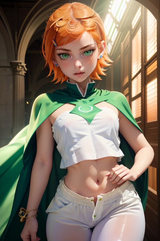 (masterpiece, best quality), 1girl, beautiful detailed eyes, beautiful detailed lips, extremely detailed eyes and face, long eyelashes, orange hair, short hair, green eyes, purple shirt and cape, raglan sleeveless, white pants, midriff bearing top, solo, classical, warm colors, dramatic lighting, volumetric lighting, atmospheric, photorealistic