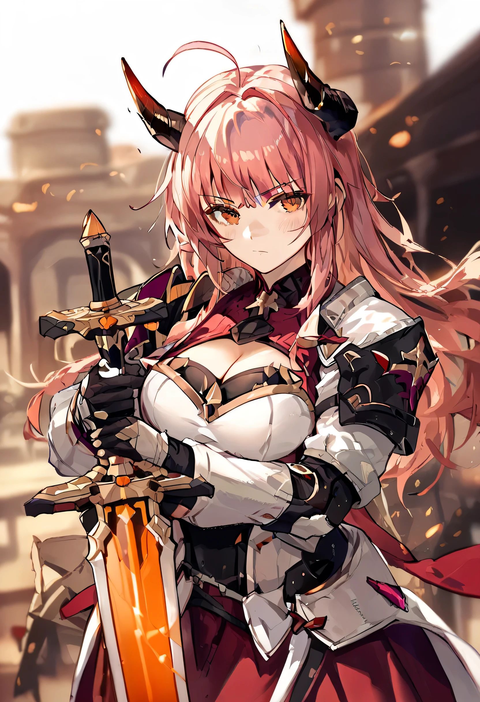 1girl, solo, orange_eyes, long_hair, rating:s, armor,cleavage cutout, cleavage, armor,looking_at_viewer, bangs, horns, ahoge, breasts, long_sleeves, white coat,serious, sword, holding sword,eyebrows_visible_through_hair, blush, gloves, shirt, magenta_hair, silver_shirt, skirt, ribbon, long_hair, closed_mouth, cowboy_shot, depth_of_field, blunt_bangs, perfect hand, planted-sword, large_breasts