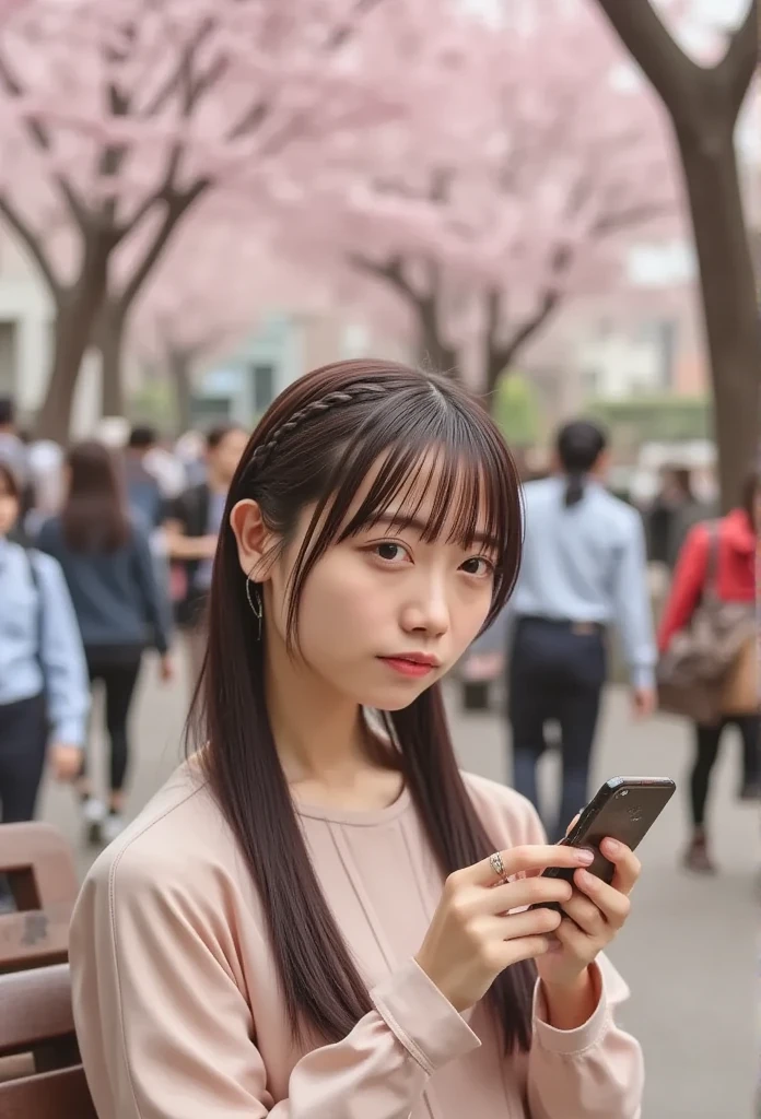 NFCW, top quality,  realistic , 女の子1people, 19歳の日本people々々woman,( dents on the skin ),  medium chest , ( bright ), (  Professional Writing , Bokeh), (University campus), people々々々, crowd, cherry blossoms, Braided Bang , (blouse:1.5), (I wore it:0.8), Nice, bloom, Floating Hair, ( Dynamic Poses :0.6) , Chaoyang(Chaoyang), bench,  sitting,  smartphone, 