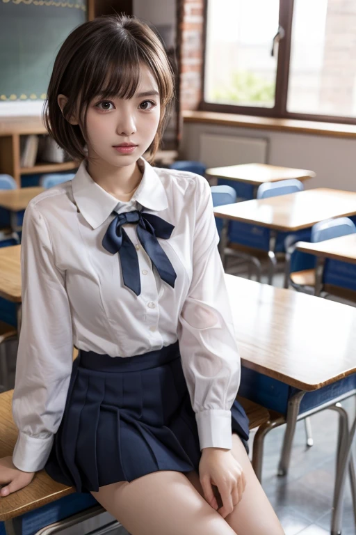   Masterpiece  ,  top quality, I'm wearing shorts with a top mikoto ,  Brown Eyes ,  shorthair,  small breasts,  viewers, Alone,  closed mouth , collared  shirt,  sluggish and emotionless , Dark Blue Skirt, School_uniform,  shirt, white_ shirt, classroom,  Masterpiece  ,  top quality, 8k,  Fine skin texture ,  fine fabric texture ,   beautiful detailed face  ,  complex details,  super detailed,cute,cute posing,Composition showing full body ,