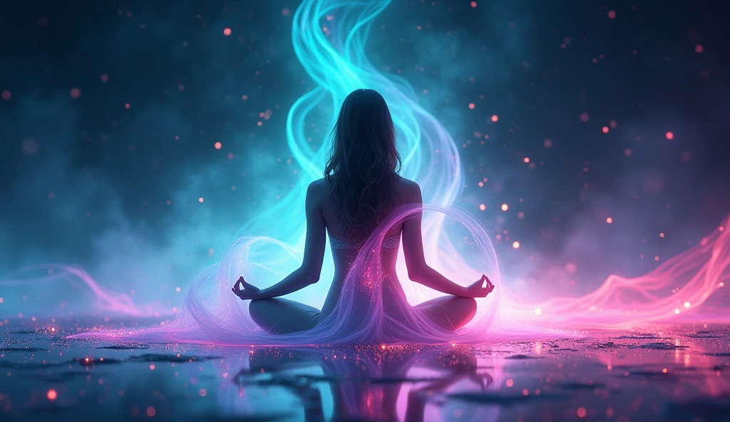 I would like the silhouette of a person in a state of meditation. A subtle light comes out of his chest, drawing the shape of the kundalini energy. The background of the image should be very calm, a starry night. In the corner of the image, two beautiful mushrooms intertwined. These mushrooms have many colors, evoking a psychedelic trip.