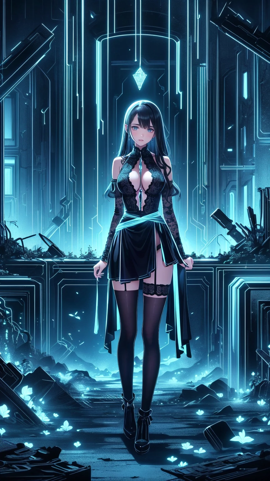 top-quality、Top image quality、​masterpiece、Android Girl((sixteen years old,Body full of scars、Broken cybersuit glowing black, red and white、Blue energy source for the chest,Best Bust、Bust 90、Light blue shiny hair、Longhaire,Cyber Skirt、Blue-green eyes、open chest wide、Valley、Happiness、A slender、the whole body is wet、Fall to the floor、Kneeling)）hiquality、Beautiful Art、Background with((Magical Night City、Very heavy rain))、masutepiece、Elaborate design、visualart、Theatrical films