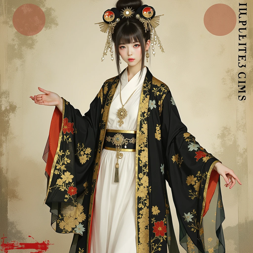 A highly detailed and realistic portrait of an East Asian woman wearing a stunning traditional Japanese-inspired robe. The outfit features a white base layer with a flowing design, layered with an ornate black and gold uchikake robe. The robe is intricately decorated with golden floral patterns, exuding a sense of elegance and regality. Her sleeves are accented with striking red and gold details, creating a harmonious yet exotic color palette. The woman stands gracefully, her expression calm and serene, with subtle makeup emphasizing her delicate features. Her hair is styled in an elaborate traditional updo, adorned with golden hairpins that reflect the ambient light.

The background is textured and reminiscent of traditional Japanese art, featuring muted earth tones and abstract circular patterns, adding depth and a nostalgic atmosphere. Soft, diffused lighting highlights the intricate details of her attire and the textures of the background, creating a balanced composition that feels both timeless and enchanting. The overall scene captures the essence of cultural sophistication and artistic beauty