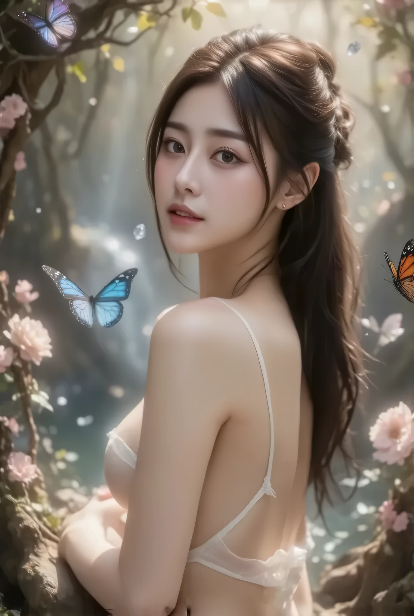 top-quality, masutepiece, 1 woman, sexy busty woman, solo, (abstract  art:1.4), (Psychedelia Theme:1.6), (Gunjo World:1.5), (Snow World:1.5), (Winter World:1.5), (At the center of the world is the most beautiful korean woman in the world), (beautiful and quite huge bouncing firm ample breasts, very deep cleavage:1.5) and a huge waist, sexy long legs, full body view, (nudity:1.4), (many stars are falling:1.3), A ray of light spreads, Crystals spreading from the center,prisma, (Nostalgic landscapes:1.5), (colorful flower:1.3), Garden Girl,gentle sunlight, Soft breeze, Delicate flowers, A rainbow-colored butterfly flaps its wings, Mesmerizing natural beauty, Fragments of Shining Stars,ice crystal,