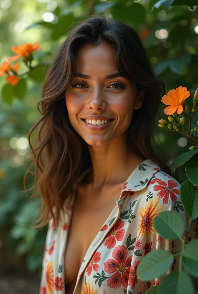 A Brazilian woman in a lush tropical garden, wearing an open shirt with a floral print, with a close-up capturing the harmonious beauty between her breasts and the natural flowers, showing off your natural charm and outgoing personality.