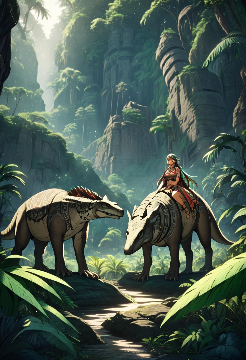 masterpiece, fantasy, best quality, anime style, wide-angle, full body shot, front view, beautiful_woman, in explorer_outfit, riding on the back of a giant_turtle, forest and mountians in background, natural lighting, soft lighting, (featured on pixiv:1.25), trending on artstation, precise line-art,  