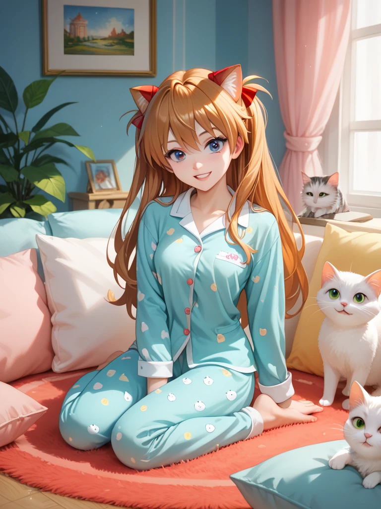 A cozy living room filled with playful cats of various breeds. A cute anime-style girl with long hair, wearing pastel-colored pajamas, is sitting on a soft rug surrounded by the cats. She’s smiling and playing with them, creating a joyful and warm atmosphere. The room features soft lighting, a comfortable sofa, a few cushions, and a few plants scattered around. The scene radiates a sense of happiness and tranquility, with a vibrant and charming aesthetic. The girl is interacting lovingly with the cats, with detailed textures on her pajamas and the cats’ fur. The environment is detailed and realistic, with soft colors and inviting ambiance. High-quality 8k resolution, vibrant and lively colors, high detail,

score_9,score_8_up,score_7_up,source_anime,masterpiece,best quality,absurdres,highres,very aesthetic,ray_tracing,
1girl,beautiful face,
souryuu_asuka_langley,