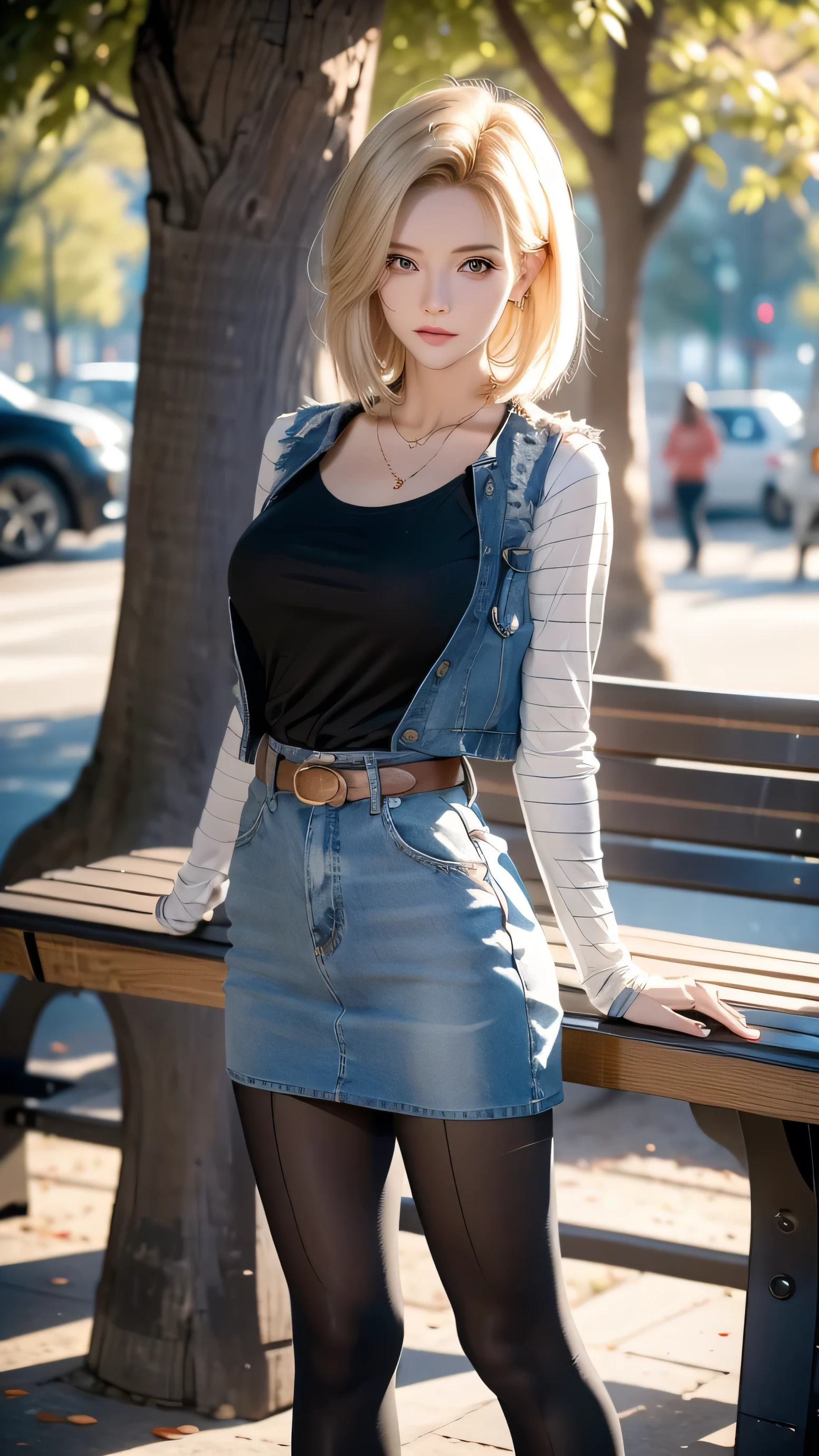 One girl, Android 18, Blonde hair, Pretty and sexy girl, She wearing light blonde hair, Short length hush cut hair, She have Very large breasts bouncing, Wearing a very short blue H-line denim skirt, Wearing a denim vest, The denim skirt and denim vest colors match, She Wear long sleeves, It has long sleeves with black stripes at regular intervals on a white background, She wears flesh-colored illusion pantyhose, The pantyhose she wears look like brown stockings, She wore pantyhose and wore white panties over them, wearing a women's Western cowboy-belt, wearing women's Western cowboy-boots, wearing a black t-shirt that exposes deep cleavage, No bra, breast areolas outside a black T-shirt, clearly exposed, She is standing in front of tree next to the bench, She winks with her left eye, boldly and fascinatingly winks her left eye and stares at me intently, bench, Standing, outdoor park, four trees around, clear sky, masterpiece