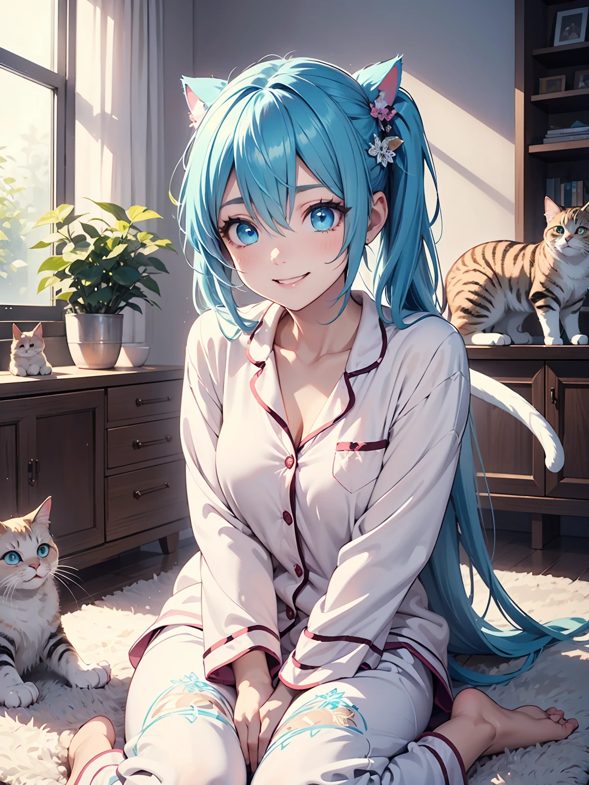 A cozy living room filled with playful cats of various breeds. A cute anime-style girl with long hair, wearing pastel-colored pajamas, is sitting on a soft rug surrounded by the cats. She’s smiling and playing with them, creating a joyful and warm atmosphere. The room features soft lighting, a comfortable sofa, a few cushions, and a few plants scattered around. The scene radiates a sense of happiness and tranquility, with a vibrant and charming aesthetic. The girl is interacting lovingly with the cats, with detailed textures on her pajamas and the cats’ fur. The environment is detailed and realistic, with soft colors and inviting ambiance. High-quality 8k resolution, vibrant and lively colors, high detail,

hatsunemiku, miku hatsune, ahoge, aqua eyes, aqua hair, crossed bangs, hair between eyes, hair ornament,long hair, twintails,best quality, high resolution, unity 8k wallpaper, (illustration:0.8), (beautiful detailed eyes:1.6), extremely detailed face, perfect lighting, extremely detailed CG, 