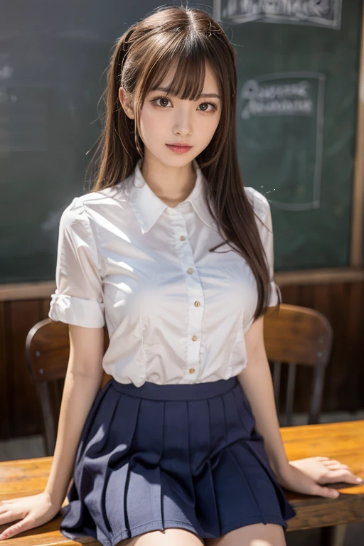 (8K, RAW Photos, Highest quality, masterpiece:1.2), (professional photography, full colors, studio-caliber color grading), (Gravure quality for high-end fashion magazines),  BREAK,18 year old girl, (boyish:1.15), (mannish:1.1), Big Natural Color Lip, (Plumpy body:1.2), (smooth skin:1.1 (huge breasts:1.0  BREAK (school uniform:1.2), ((loose style, tucked out tops):1.2), (fusion of oversized white tunic and white collared-shirt with untucked:1.4), (short sleeve:1.3), (button-up:1.4), (black and gray plaid pattern pleated mini skirt:1.2), (thigh skin:1.4), (socks:1.2), (loafers:1.1), BREAK hotel room