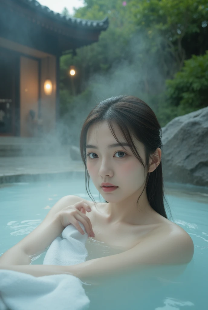 (  knight :1.7),  Oriental architecture , 1 female, ((hot spring, hot spring:1.4)), moist skin, ((fog:2.1)), ( steam rises :1.8),  growing skin, Glowing Skin, ((partially submerged in hot spring:1.4)),  Hold a small white towel in your right hand 、Bring it close to your body . ,  perfect eyes,perfect face,（笑face：0.3）， official artwork， High Definition CG Unity 8K Wallpaper 、 bright _Front_face_illumination，（masterpiece:1.0），(Highest_quality :1.0),ultra  high definition ,4K, More Details, high definition  of,8k, NFSDW, high definition , absurd :1.2,Kodak portra 400, film grain , Lens Flare Glow,（beautiful_face:1.4），8k,Raw footage ,(  drawing a large outdoor bath  :1.4) ,( wet hair :1.3),((beautifully depicts depth and width:1.3)),(( The outdoor bathhouse is surrounded by Japanese gardens and large rocks,  with just 2 small lights .:1.3)), ((Smooth White Skin : 1.3)),