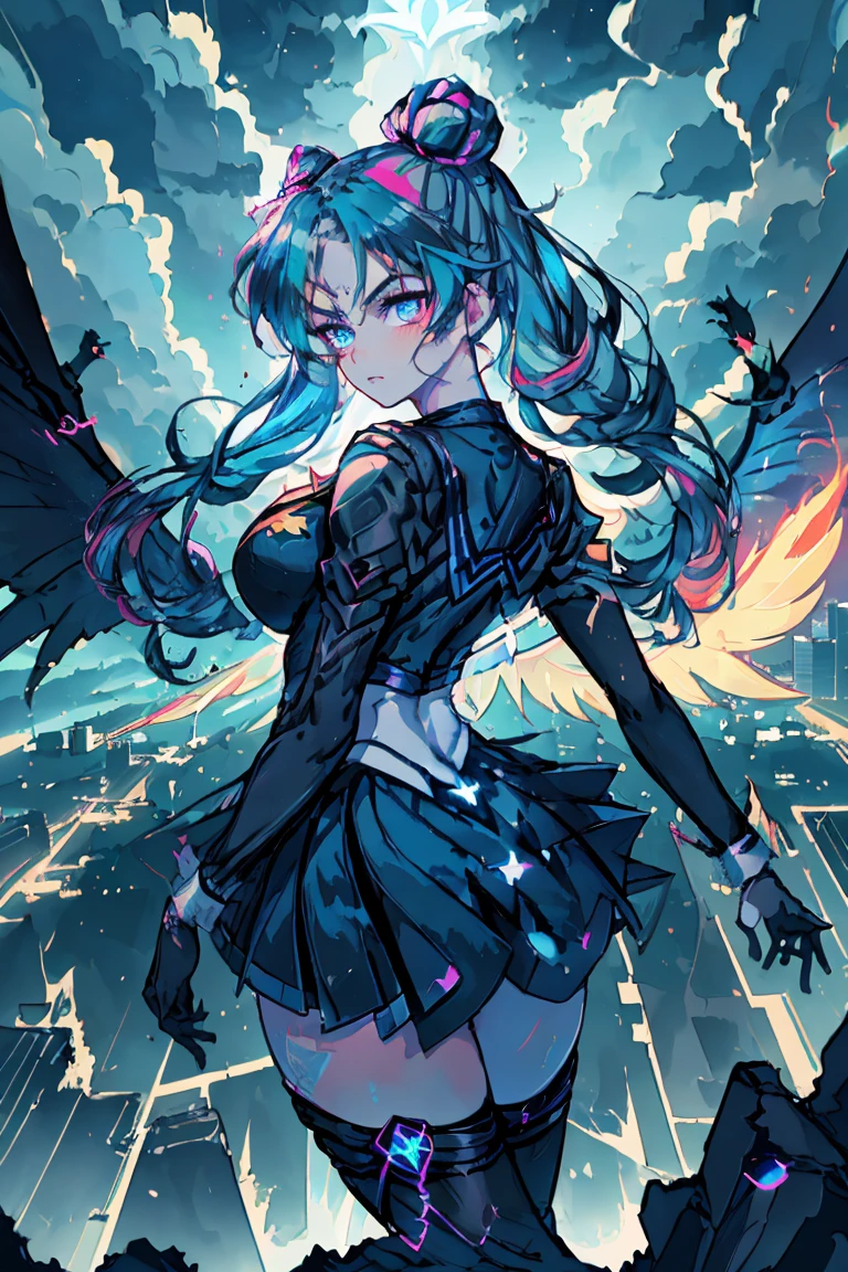 Magical girl jumping off a building, magic rune on her back creating black wings, neon light blue hair, dark blue uniform, city on fire, ((ultra quality)), anime enhancement, ((8k resolution, masterpiece, best quality)), ultra detailed, ultra sharp, perfect colors, perfectly shaded, perfect lighting, very detailed face, perfect anatomy