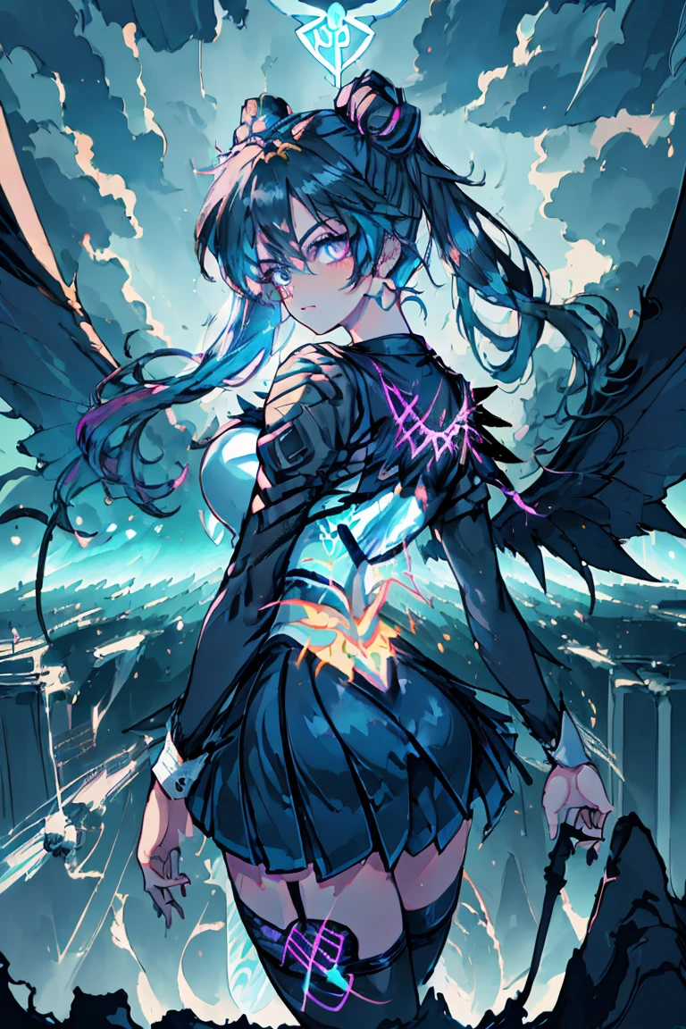 Magical girl jumping off a building, magic rune on her back creating black wings, neon light blue hair, dark blue uniform, city on fire, ((ultra quality)), anime enhancement, ((8k resolution, masterpiece, best quality)), ultra detailed, ultra sharp, perfect colors, perfectly shaded, perfect lighting, very detailed face, perfect anatomy