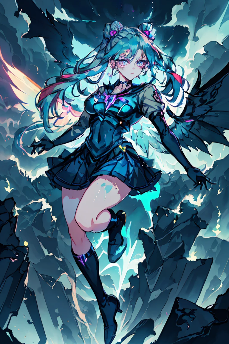 Magical girl jumping off a building, magic rune on her back creating black wings, neon light blue hair, dark blue uniform, city on fire, ((ultra quality)), anime enhancement, ((8k resolution, masterpiece, best quality)), ultra detailed, ultra sharp, perfect colors, perfectly shaded, perfect lighting, very detailed face, perfect anatomy