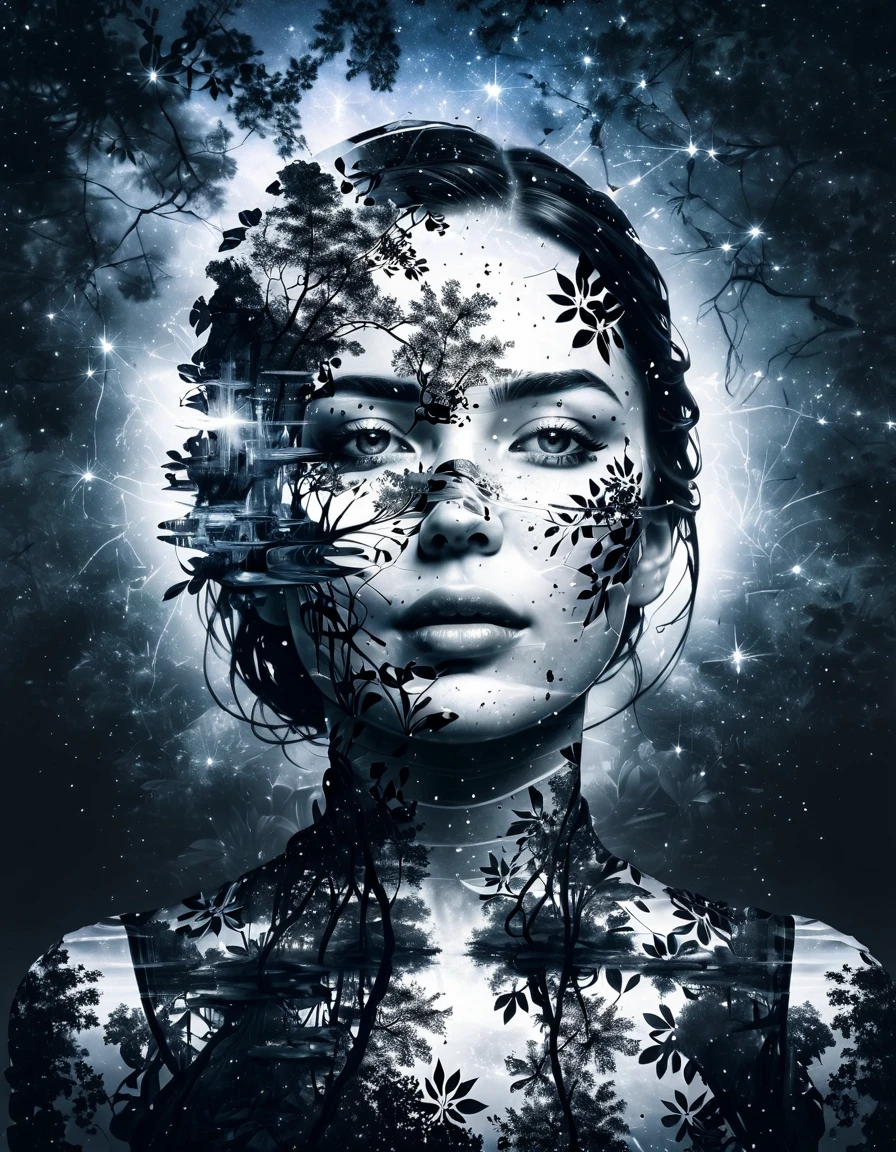 (Double exposure:1.3), effect of a women's face superimposed on a pond,  ultra detailed，Galaxy