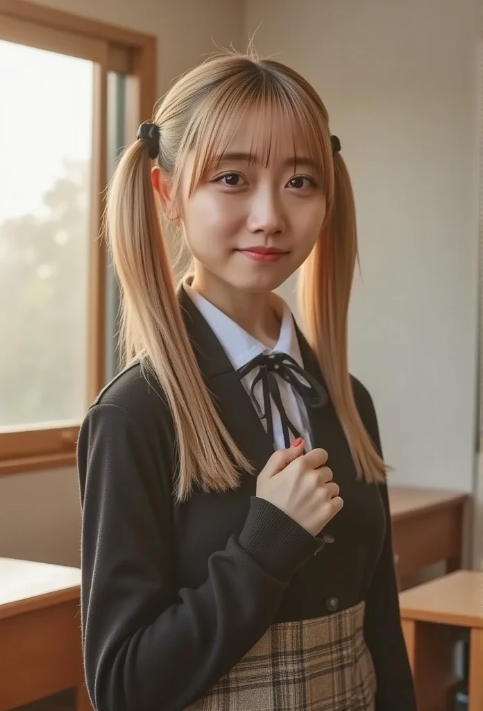   Masterpiece  ， top quality， Official Art， high definition CG Unity 8K壁紙 高校生， so delicate and beautiful，超 high definition ，（ realistic ：1.4），Golden hour lighting，（ full body lesbians slimed），In the classroom，（ platinum blonde hair：0.8），（ cute eyes from the right）， Show in，Look forward， twin tail hair , 笑face，JK&#39;s skirt（Check pattern），  Bust，High School Uniform， ties，   Masterpiece  ，  top quality，  RAW photos ，  realistic ， face， A very irrational solution，  written border depth ，  high definition ，  super detailed， Small details，  very detailed，  very detailed目とface，  sharp pupils，  realistic な生徒，  Correct Sharp Focus ，  cinematic lights,  idol style 、 very cute :1.2、 black hair、bangs、