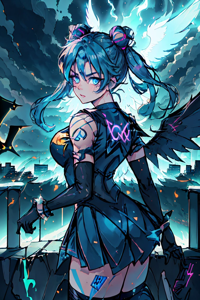 Magical girl jumping off a building, magic rune on her back creating black wings, neon light blue hair, dark blue uniform, city on fire, ((ultra quality)), anime enhancement, ((8k resolution, masterpiece, best quality)), ultra detailed, ultra sharp, perfect colors, perfectly shaded, perfect lighting, very detailed face, perfect anatomy