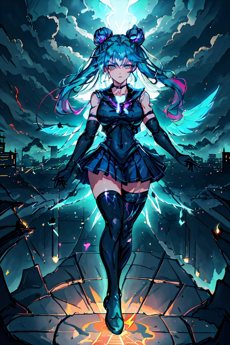 Magical girl jumping off a building, magic rune on her back creating black wings, neon light blue hair, dark blue uniform, city on fire, ((ultra quality)), anime enhancement, ((8k resolution, masterpiece, best quality)), ultra detailed, ultra sharp, perfect colors, perfectly shaded, perfect lighting, very detailed face, perfect anatomy