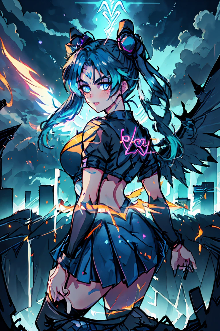 Magical girl jumping off a building, magic rune on her back creating black wings, neon light blue hair, dark blue uniform, city on fire, ((ultra quality)), anime enhancement, ((8k resolution, masterpiece, best quality)), ultra detailed, ultra sharp, perfect colors, perfectly shaded, perfect lighting, very detailed face, perfect anatomy