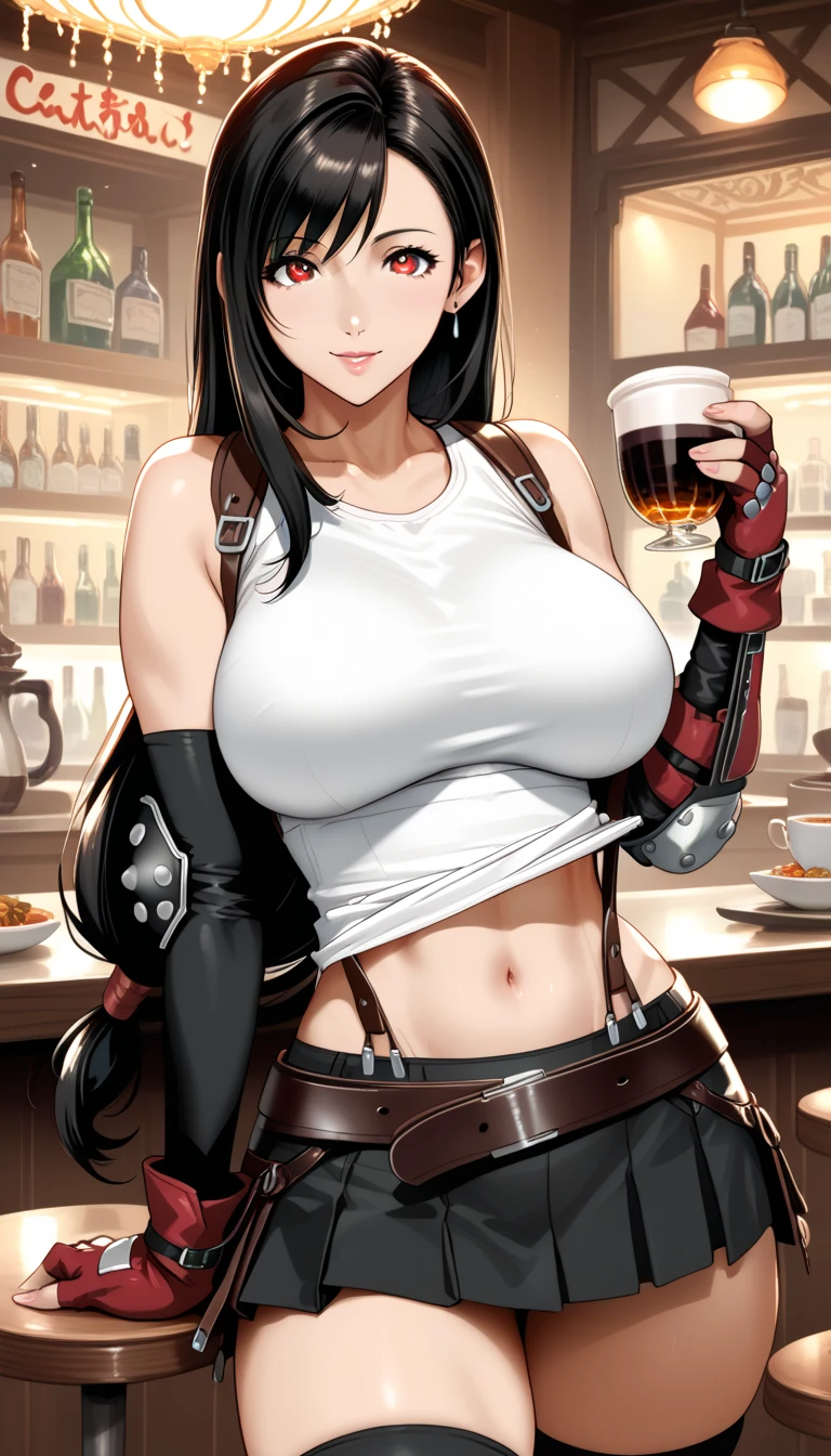 Izayoi Seishin artstyle, (score_9, score_8_up, score_7_up), (best quality, masterpiece),perfect anatomy,(aesthetic,very aesthetic),official style, (ultra-high resolution), 1girl, tifa lockhart, final fantasy,(beautiful woman).tareme, black hair, low-tied long hair, red eyes, bangs, white tank top,gap, belt, pleated skirt, thighhighs, elbow fingerless gloves, elbow pads, midriff, navel,suspender skirt.zettai ryouiki ,(front view),straight-on,(large_breasts:1.2),Solo,mediumshot,looking_at_viewer,contrapposto, vibrant, joyful,cafe and bar, ,Framin,(,tanktop lift),