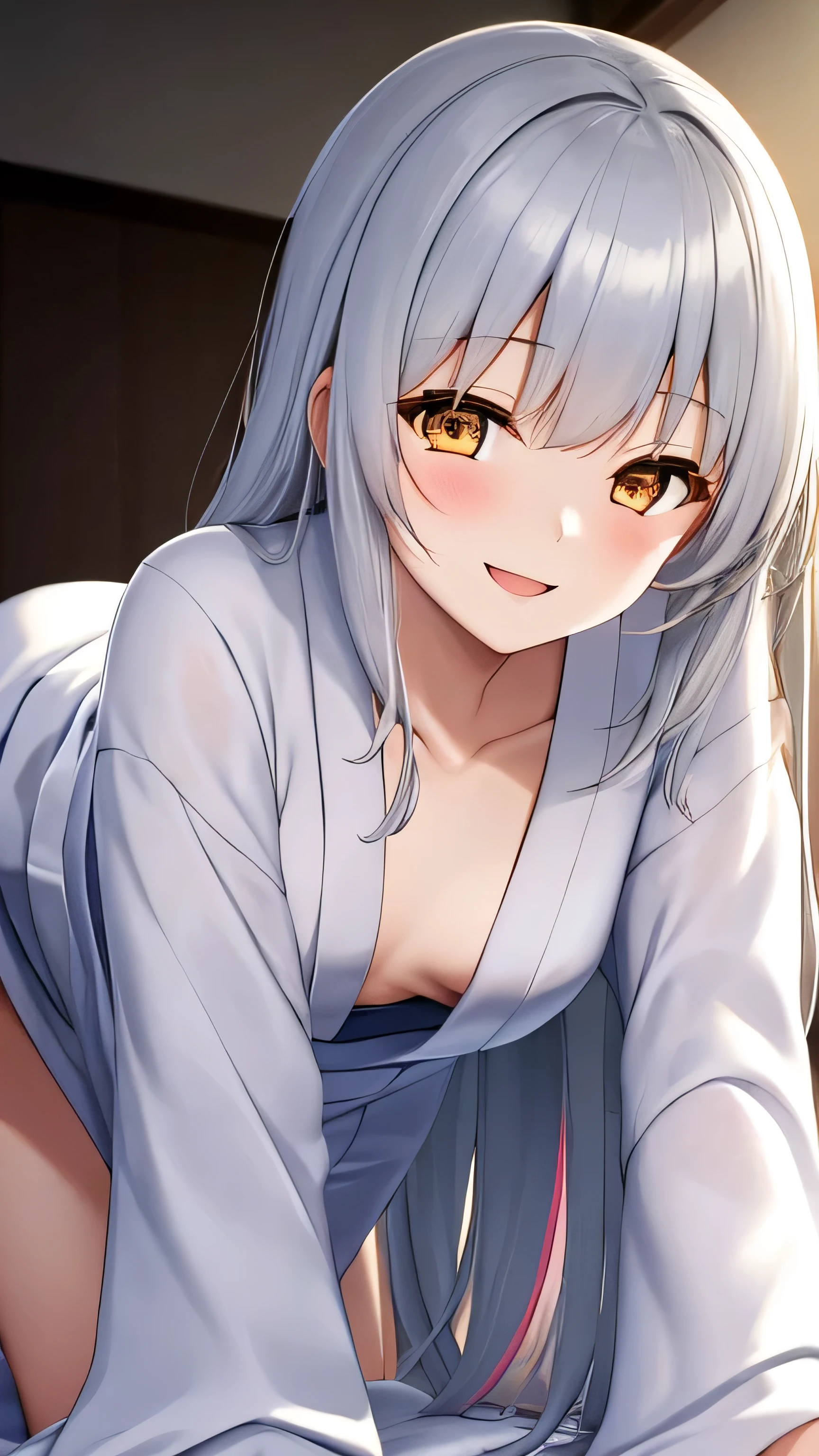 (masterpiece:1.2, best quality), closeup, 1girl, loli, pite, sl breast, long white hair, (white fox ears), (white kimono), no panties, sitting on the edge of bed, spread legs, pussie, smile, stretching arms, yawning, (closed eyes), shy, morning, sunlght, bright, anime minimalist, watercolor