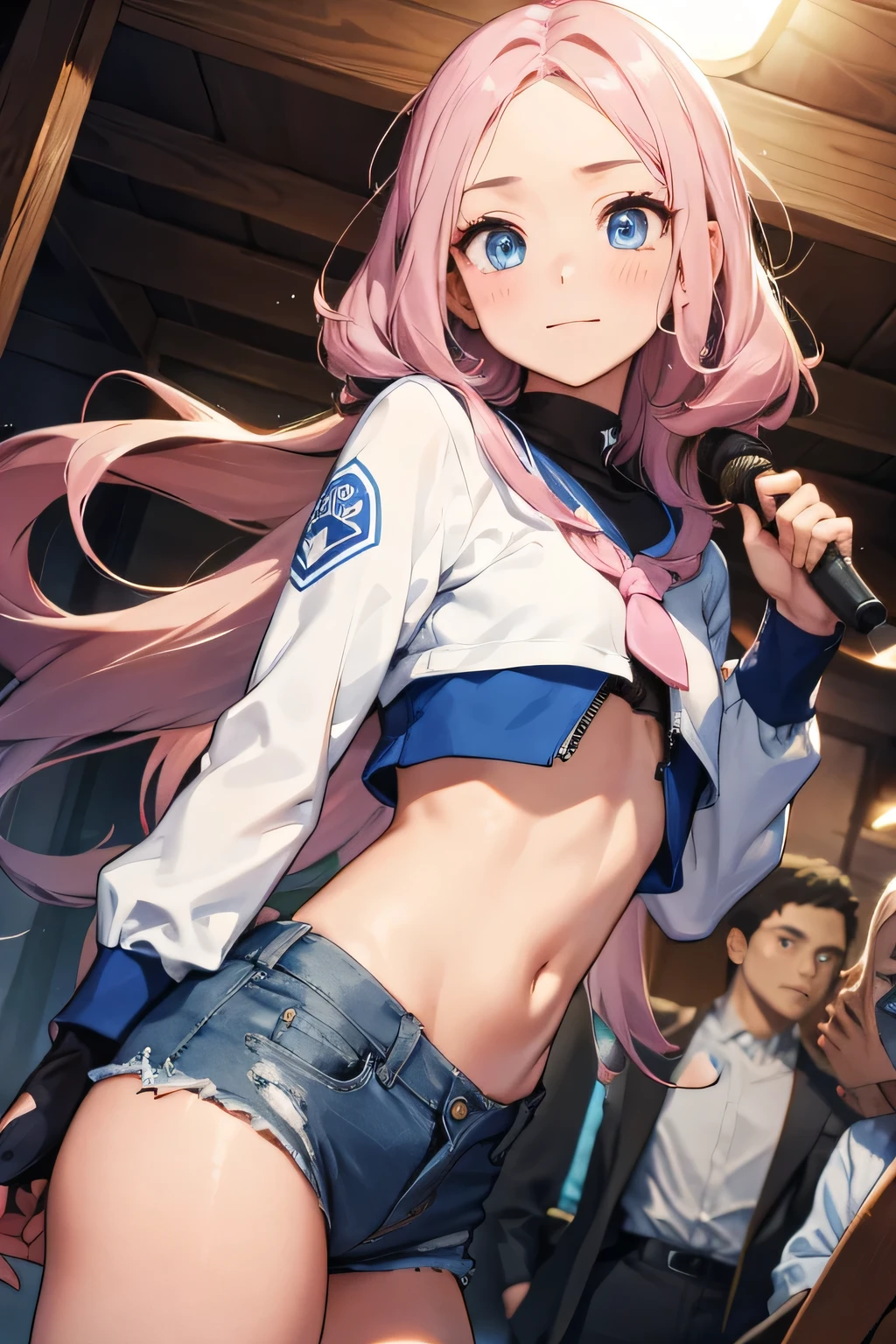 mika pikazo, ((topless)), nsfw, masterpiece, solo, 1 girl, erect nipples, nipples, navel, khaki pants, baggy pants, large shoes, bare breasts, bare stomach, sweaty, cowboy shot, small breasts, green beanie, cat ears under beanie hat, outdoors, city, neon lights, collarbones, , night, moonlight, slim waist, light purple hair, detailed eyes, beautiful eyes, wet, blue eyes, long hair, straight hair, choker, black gloves, snow, snow covered road, holster, belt, smiling, open mouth, neon lights