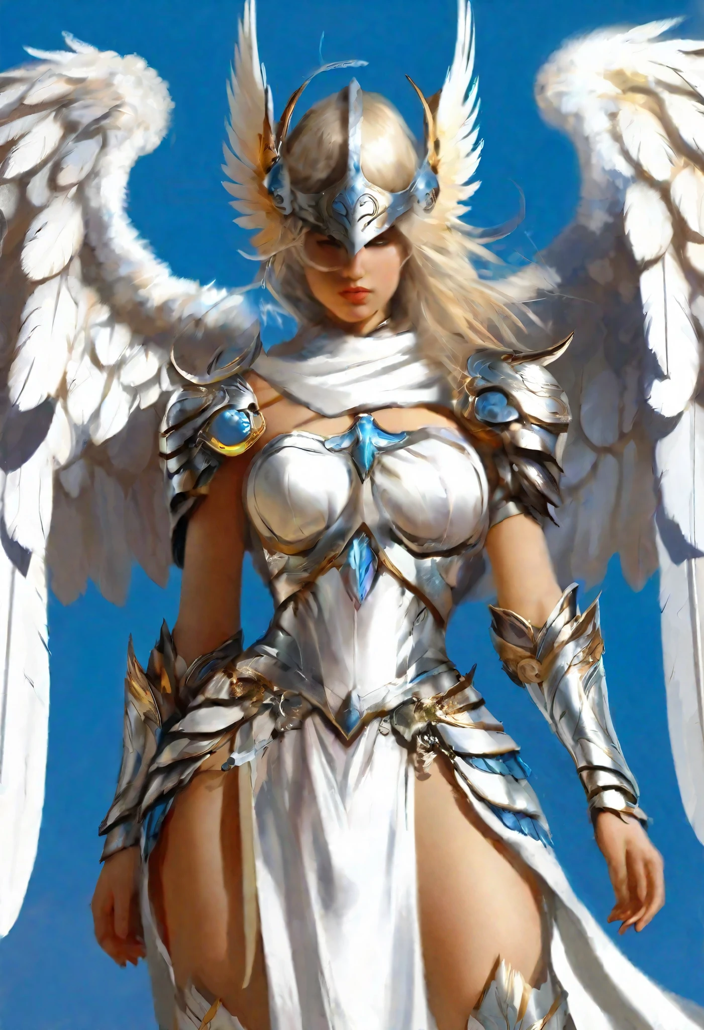 1 female angel，White cape showing at waist_wings armor feathers_Long wing feathers_Hair Shoulders Armor Shoulders_Single piece of armor_Upper wing separation_The body is white_Theme blue_wings wings leg armor