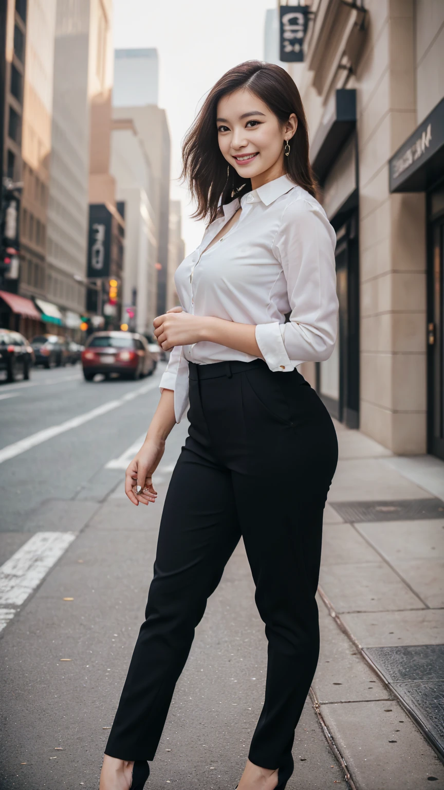 (A woman wearing business clothes:1.3)、22 year old Japanese woman very beautiful woman、cute face、portraite、Detailed texture skin、((highest quallity、high resolution、high resolution、High definition、work of art、16K:1.5))、(all-body、They are standing:1.4)、perfect proportions、slender figure、medium chest、medium hair、dark brown hair、Thin arms、beautiful hands、face detailed、smiling gently、A reddish complexion、Make-up natural、wearing pumps、Business casual、conservative fashion、((SONY α7 35mm F/ 2. 8 50 seconds:1.1))、(RAW Photos、Photos like the real thing、Clear photos:1.2)、In New York&#39;Financial District、Wall Street、open air、Business Fashion、Beautiful feet