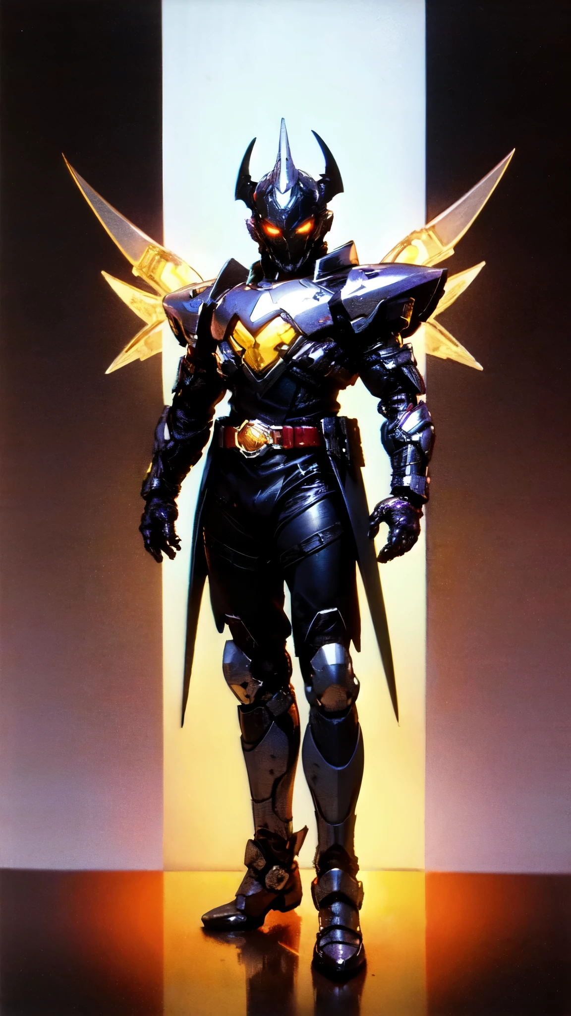 (masterpiece:1.5, best quality:1.5, extremely delicate:1.5), ((male:1.5)), a man wearing a full-face helmet, high-tech biomimetic armored combat suit, (a composite layered chest armor), the design balances heavy with agility, fully enclosed shoulder guards, matching arm and leg guards, a belt of gemstone, (the color scheme is primarily Red with Purple and Yellow accents, Organic Biotech, Concept Inspired by Vampire, glowing eyes, armor glows, huge cloak like devil wings), stand of a futuristic sci-fi city, this character embodies a finely crafted fantasy-style armored hero in anime style, exquisite and mature art style, metallic, high definition, highres, ultra-detailed, ultra-fine painting, professional, perfect body proportions, golden ratio, anatomically correct, symmetrical face, extremely detailed eyes and face, high quality eyes, creativity, RAW photo, UHD, 32k, Natural light, cinematic lighting, (masterpiece-anatomy-perfect:1.2)