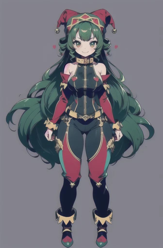 (masterpiece, ultra-detailed, high resolution, best quality:1.2), (anime, simple background, plain background, RPG character, concept art), (full body, 1girl), (loli:1.4), ((wave drill hair:1.2), long wavy drill hair that flows down to the waist, green hair), (bare shoulders, her arms have long false sleeves, puffy cuffs), (cute smile, brown skin, Latin), (jester makeup), (tight fitting clothes), (medieval Jester outfit:1.2), (collar), (large jester hat:1.2), (dark green and red outfit)