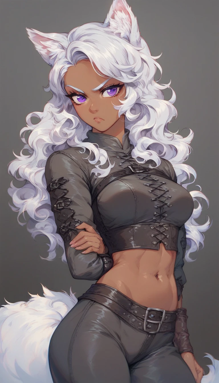 Solo, score_9, score_8_up, score_7_up, wolf girl, long wavy silver hair, dark skin, fluffy tail, defined tummy, medium breasts, purple eyes, serious face expression, wearing only a gray cropped medieval style tight-fitting leather tunic, showing her belly, standing, whole body.