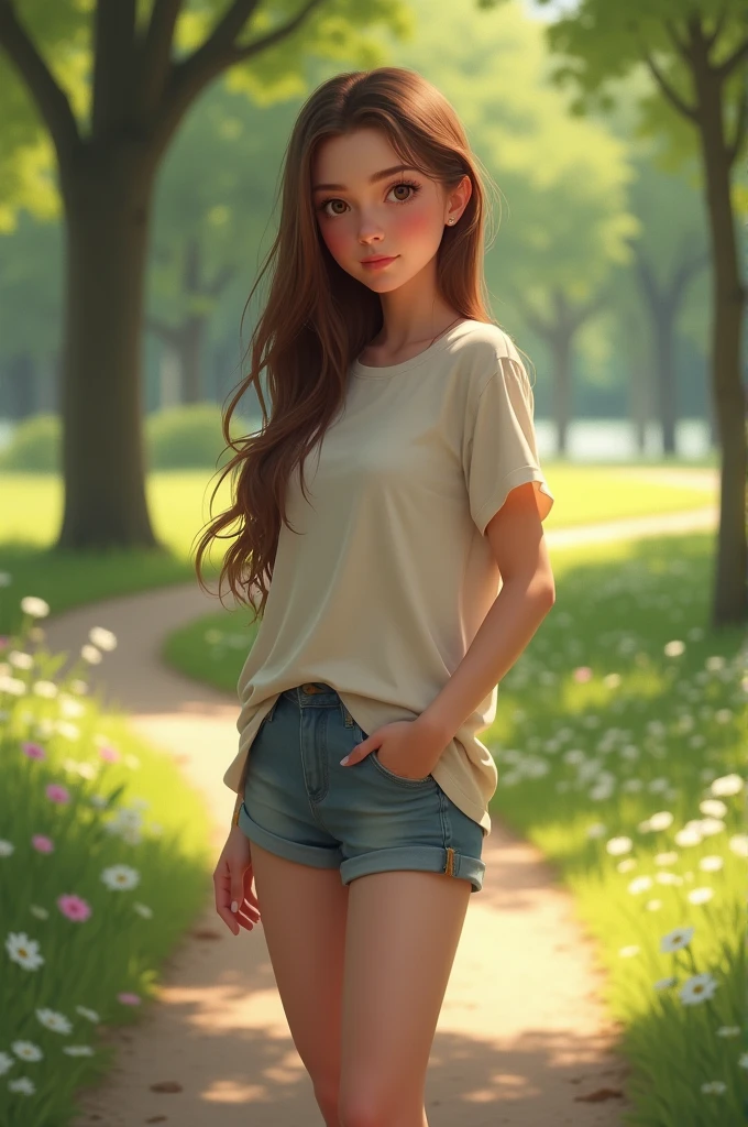 (best qualtiy,tmasterpiece,art stations,Fantasyart:1.2),A beautiful and cute girl,petite,(Long, messy ginger hair:1.1),(Long white T-shirt,naked leg:1.2),In the garden,realisticlying,Detailed face,Correct fingers