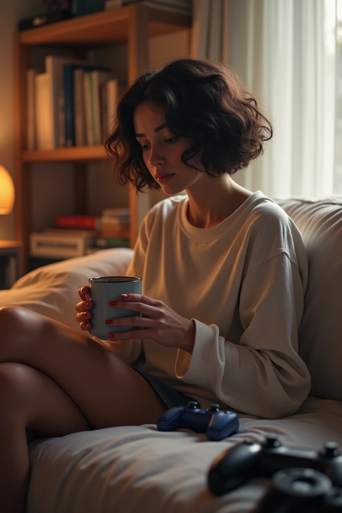 , a person woman with striking blue hair is seated on a brown leather sofa, legs crossed elegantly, enhancing the casual yet chic vibe of the scene. The individual is wearing a white off-the-shoulder dress that rests just above the knee, contributing to the relaxed yet stylish atmosphere. The person is holding a white mug, presumably filled with a warm beverage, close to their face, suggesting a moment of comfort or contemplation.
The sofa is adorned with cushions in varying shades of blue, adding a soft contrast to the room's palette. A light gray curtain hangs beside the large window that frames the scene, through which the fading light of dusk casts a warm glow into the room, illuminating the subject and interior. The urban skyline in the background suggests a high-rise apartment setting. To the left, a small pouf and a plush rug anchor the space, while decorative elements like a throw on the sofa and items on the window sill give the space a personal touch.
The room exudes a homely charm, underscored by the twilight cityscape, and evokes a sense of serene urban living.