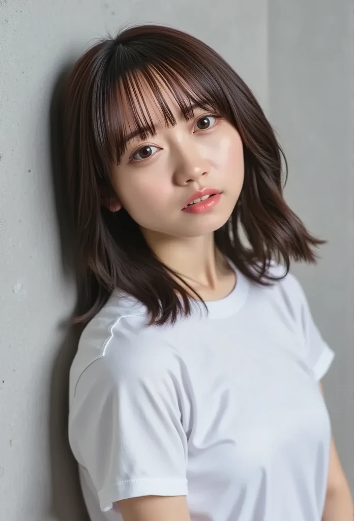 (top-quality、16K resolution)  1 girl、Alone、 Natural Soft Light 、 camera 、 short sleeve white t-shirt、 concrete background 、Look forward、 standing、Female in her late teens、Light bang、Salon model、 natural look、 portrait、Floating hair、Curly Hair