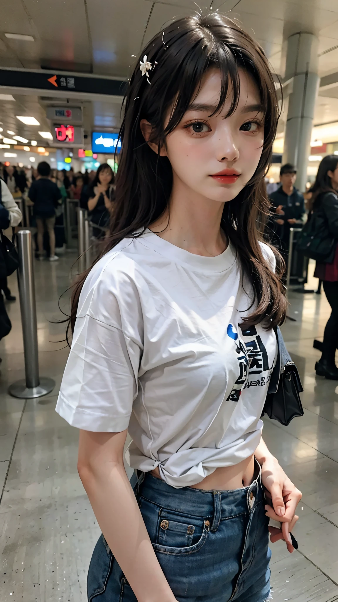 realistic photos of Korean female, crossed bangs, slightly smile, t-shirt, in the airport, pov, Eye-Level Shot, blurry, UHD, masterpiece, highres, 16k