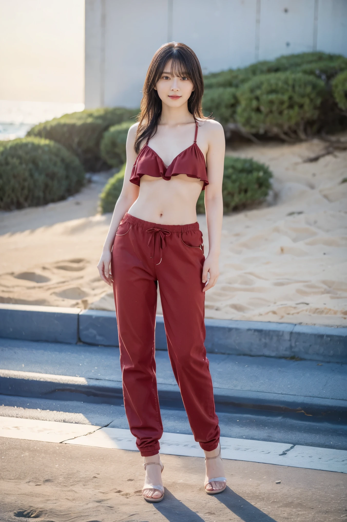 ((最high quality, 8K, masterpiece: 1.3, Ultra HD, high quality, 最high quality, High resolution, realism)) 、25 year old white woman、blonde、blue eyes、long hair、straight hair、smile、Slender but well-proportioned muscular body、I don't want my head to disappear from the screen.、Wearing red nail polish、I have a peticure、Lower milk visible((cross halter neck))wearing tops、I can see my bellybutton、My abs are cracked、Breast shape is deer drop type、Sheer((harem pants))I'm wearing pants、I'm wearing beach sandals、Hair styles up、I'm on the shore of the ocean with the horizon in sight、Get your feet wet with seawater、smile
