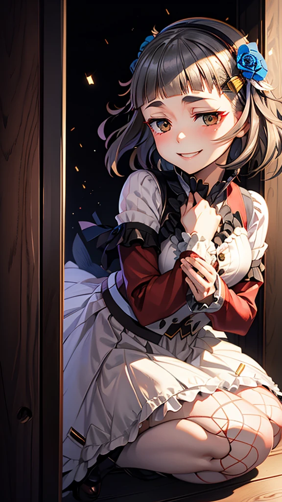 (masterpiece),{{detailed eyes}},1 girl with white bob cut hair and right bags side hair,blue eyes,{{detailed eyes}},open mouth,slightly blush,night room background,happy,hold a birthday cake.