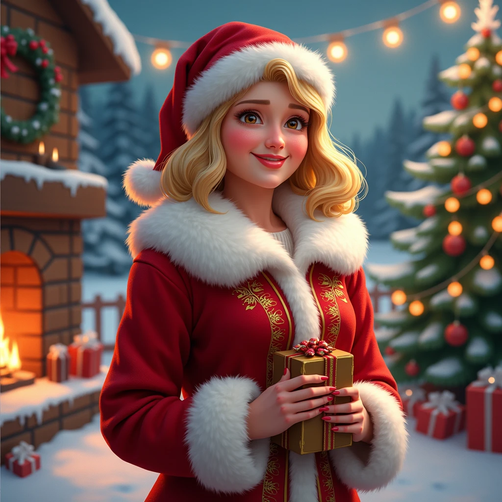 Christmas scene with a cute white 20 years old girl sitting among christmas decorations, smile, fluffy, lights, holiday atmosphere, ultra-fine, digital painting