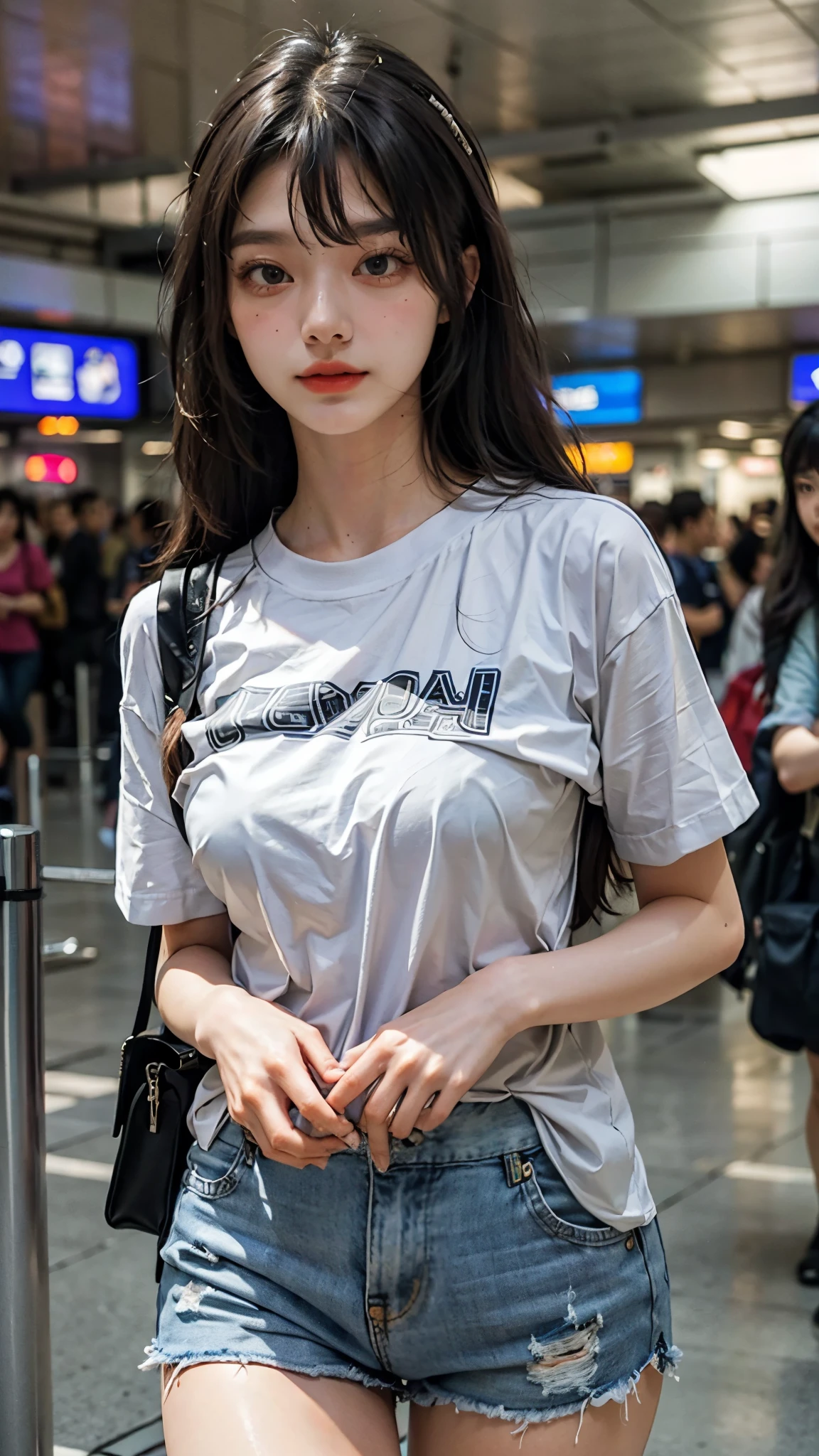 realistic photos of Korean female, crossed bangs, slightly smile, t-shirt, in the airport, pov, Eye-Level Shot, blurry, UHD, masterpiece, highres, 16k