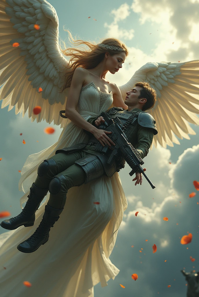 Wide-angle, full-length, a (stunningly beautiful Valkyrie) holding a sleeping male soldier dressed in modern war-gear in her arms, flying into Valhalla, after (glorious combat, epic), incredible, awe, beautiful, highly detailed, well drawn face features, highest quality, divine, prismatic analogous colors, dynamic composition, delicate, cinematic lighting, sublime, striking scene, sharp and crisp image, ultra realistic, (petals in the air)
