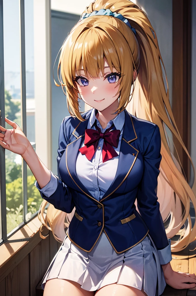 (8k, best quality, masterpiece,ultra detailed, ultra high res:1.2), 1girl,
Kei Karuizawa, Kei Karuizawa \(youjitsu\),
long hair, ponytail,yellow hair, purple eyes,hair scrunchie, 
medium breasts, red blazer, buttoned blazer,closed blazer, blue bow,  blouse, white skirt, sitting , smile , perfect light,outdoor ,cowboy shot