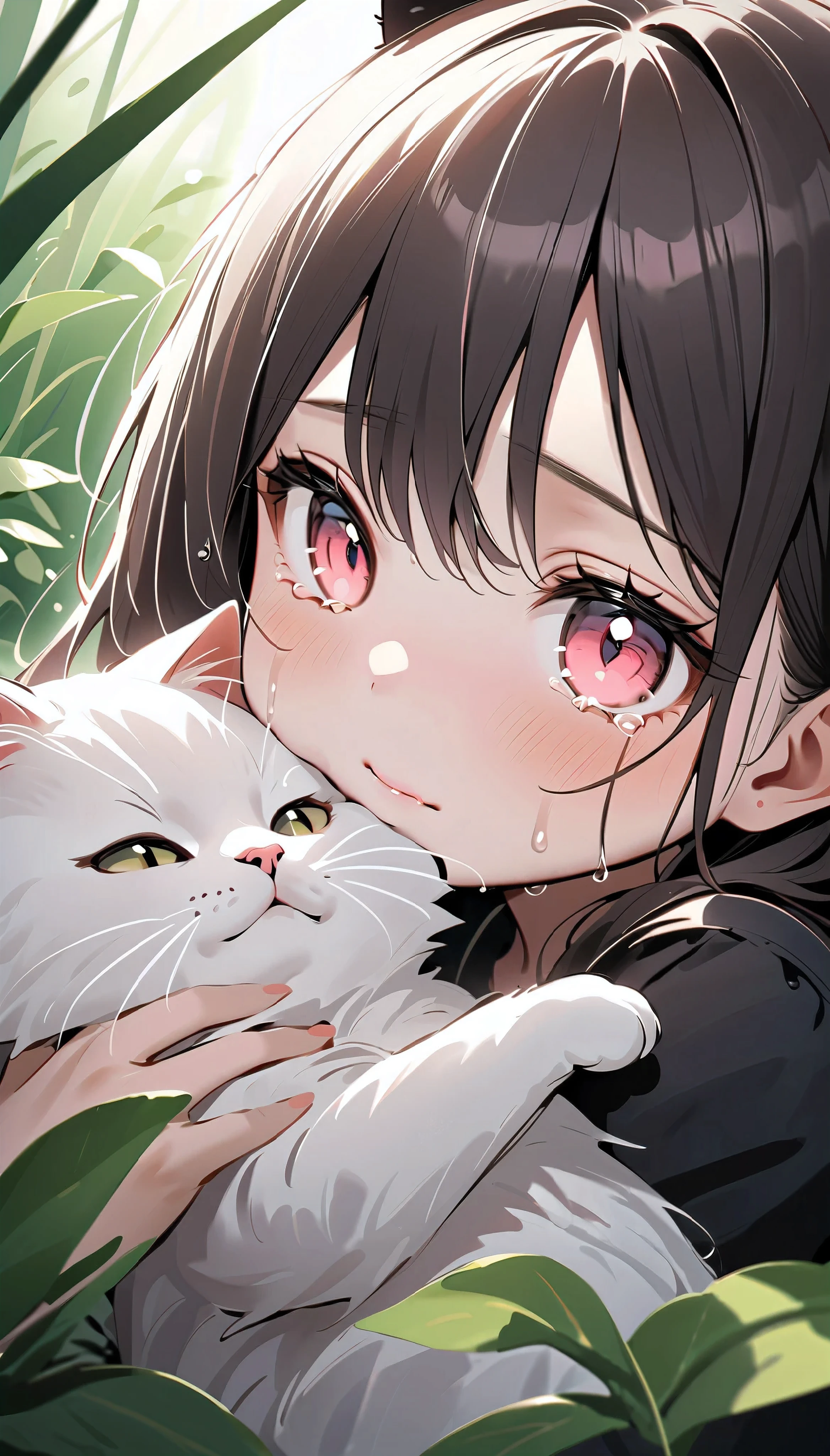(The cat is sneaking up to the girl, One, A cat rubs a girl's cheeks, be cute, Be comforting ), for 1 girl , Alone, cute little devil , crying, charming details , BREAK comforting kitten, Lonely, Superb fur , wet, Hzk, Focus on cats ,