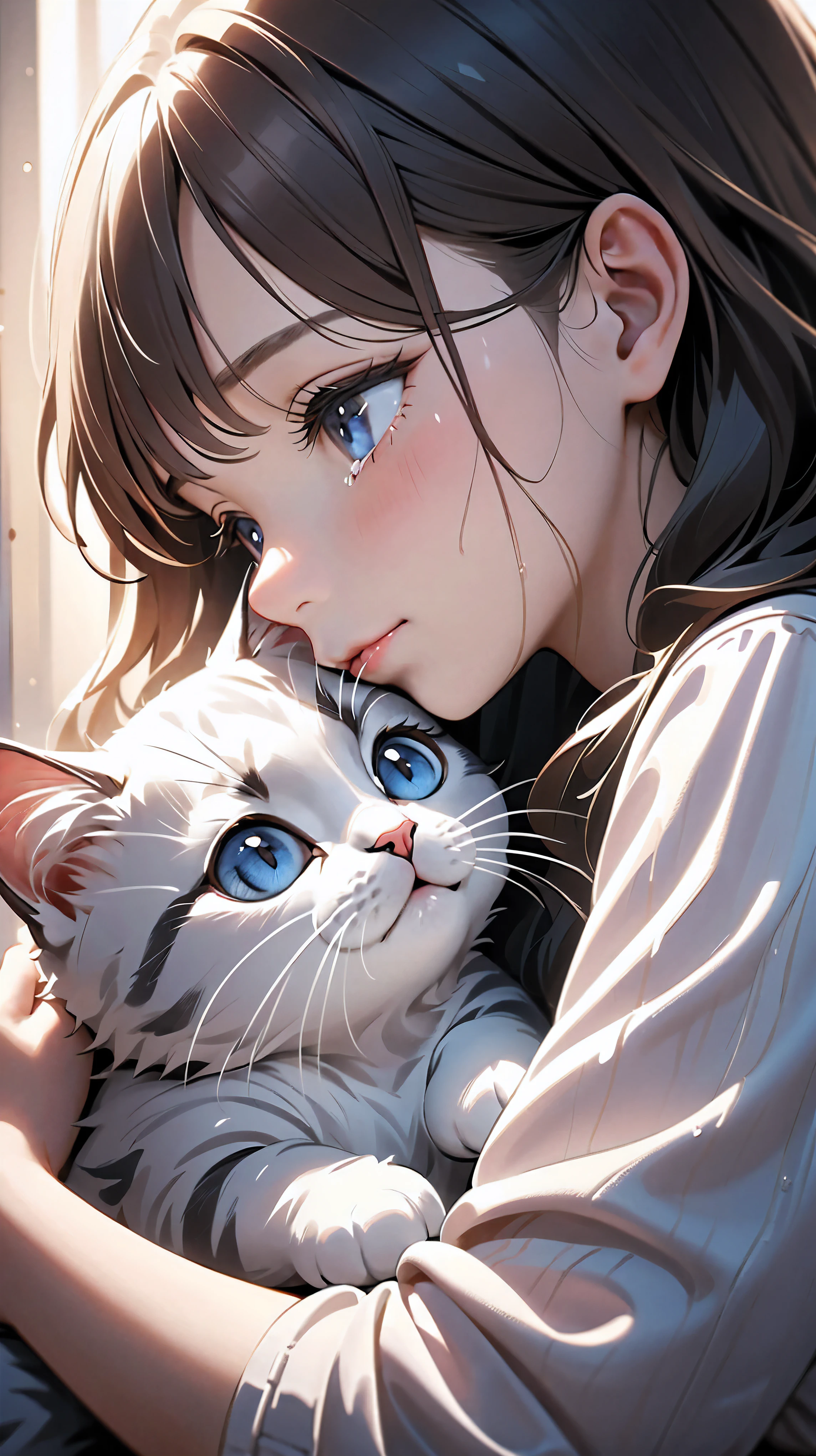 A cute cat nuzzling up to a girl, 1 cat, cat rubbing against girl, playfully cuddling, comforting, 1 girl, solo, adorable mischievous, crying, exquisite detail, the comforting kitten, looking forlorn, supreme fur, wet, hyperrealistic, focus on the cat, dramatic lighting, cinematic composition, highly detailed, photorealistic, vivid colors, soft lighting, warm tones, beautiful blue eyes, delicate features, tender moment