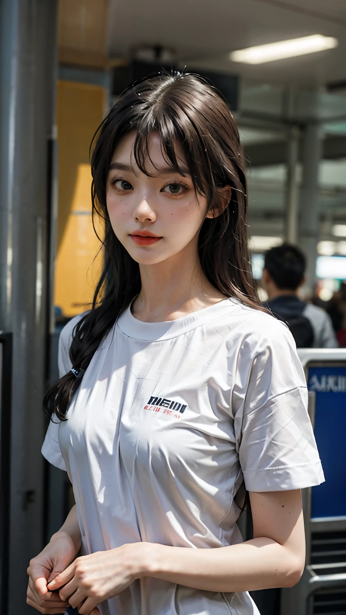 realistic photos of Korean female, crossed bangs, slightly smile, t-shirt, in the airport, pov, Eye-Level Shot, blurry, UHD, masterpiece, highres, 16k