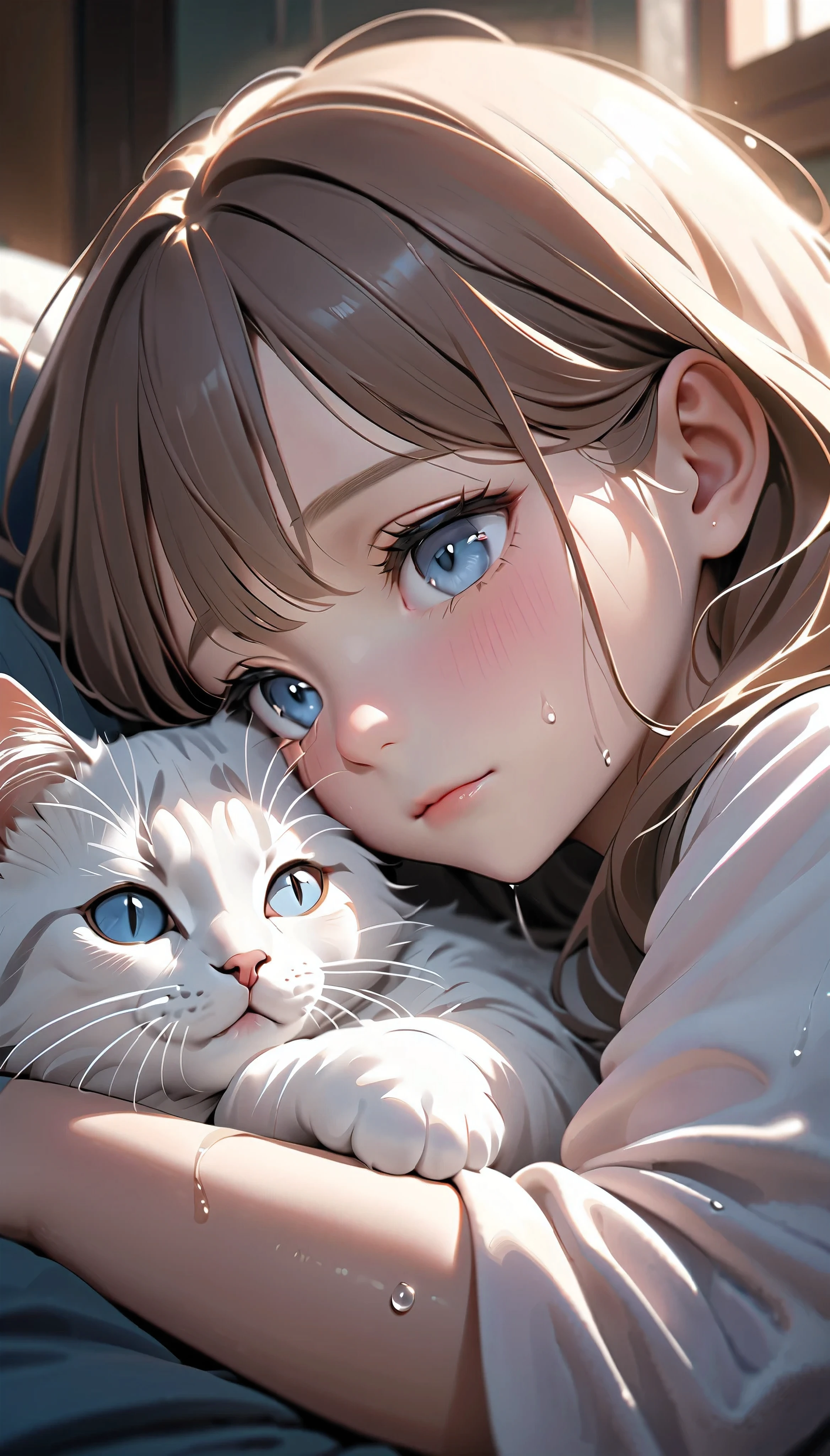 A cute cat nuzzling up to a girl, 1 cat, cat rubbing against girl, playfully cuddling, comforting, 1 girl, solo, adorable mischievous, crying, exquisite detail, the comforting kitten, looking forlorn, supreme fur, wet, hyperrealistic, focus on the cat, dramatic lighting, cinematic composition, highly detailed, photorealistic, vivid colors, soft lighting, warm tones, beautiful blue eyes, delicate features, tender moment