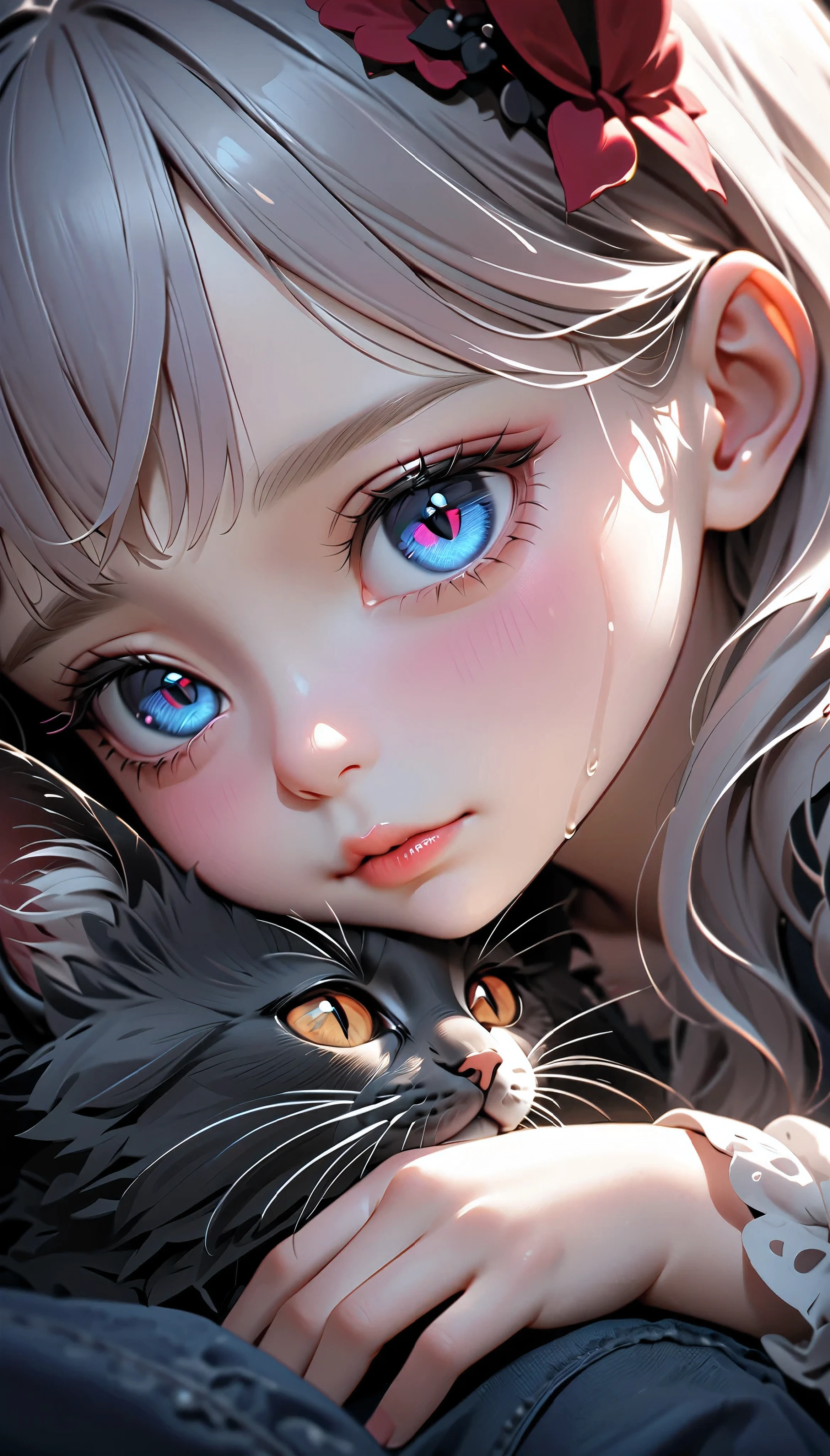 A small kitten nuzzling and playfully cuddling with a young girl, comforting her as she cries, with beautiful detailed eyes, nose, and lips, a cute little devil, solo, highly detailed, masterpiece, photorealistic, studio lighting, vibrant colors, wet fur, hzk